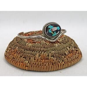 Bev Estate Zuni Sterling Silver Tortoise Shell Hummingbird Inlay Cuff Bracelet